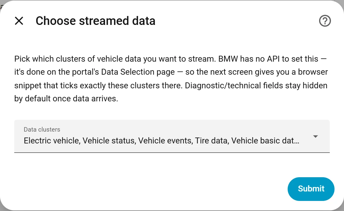 Dialog 'Choose streamed data' mit einer Mehrfachauswahl von Datengruppen (Electric vehicle, Vehicle status, Vehicle events, Tire data, …)