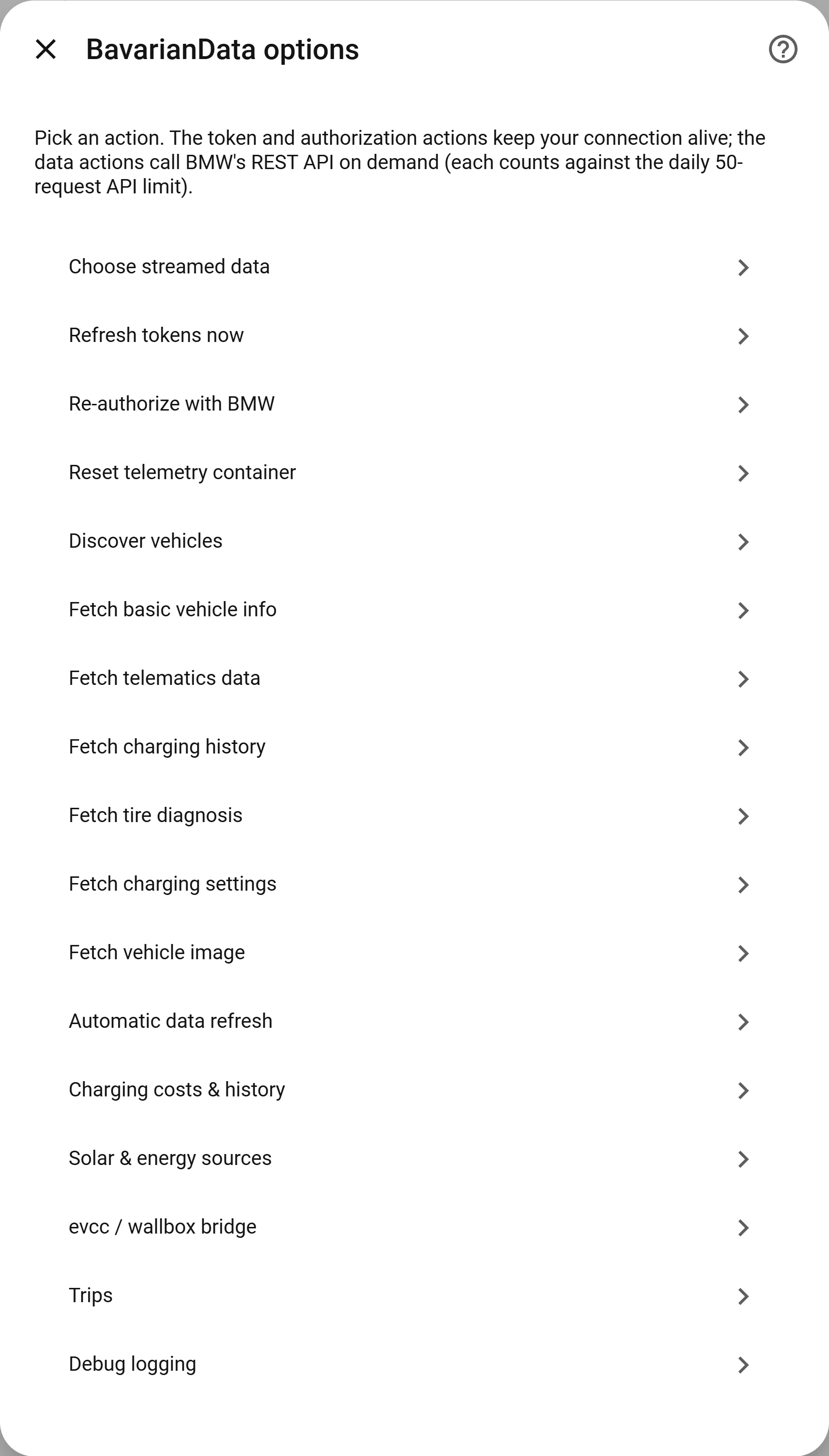BavarianData options menu listing every action, from Choose streamed data to Debug logging