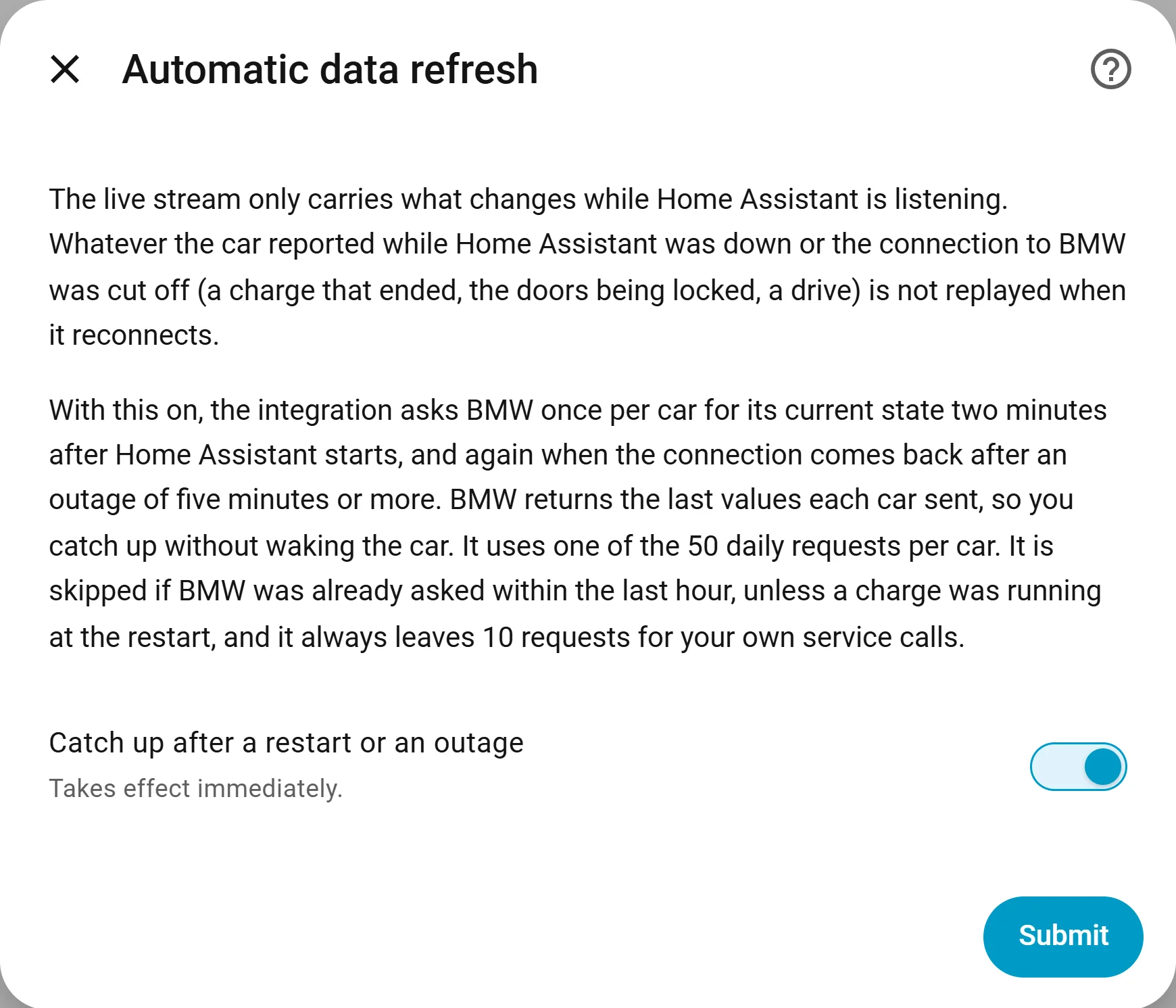 Automatic data refresh settings: one toggle, Catch up after a restart or an outage, switched on