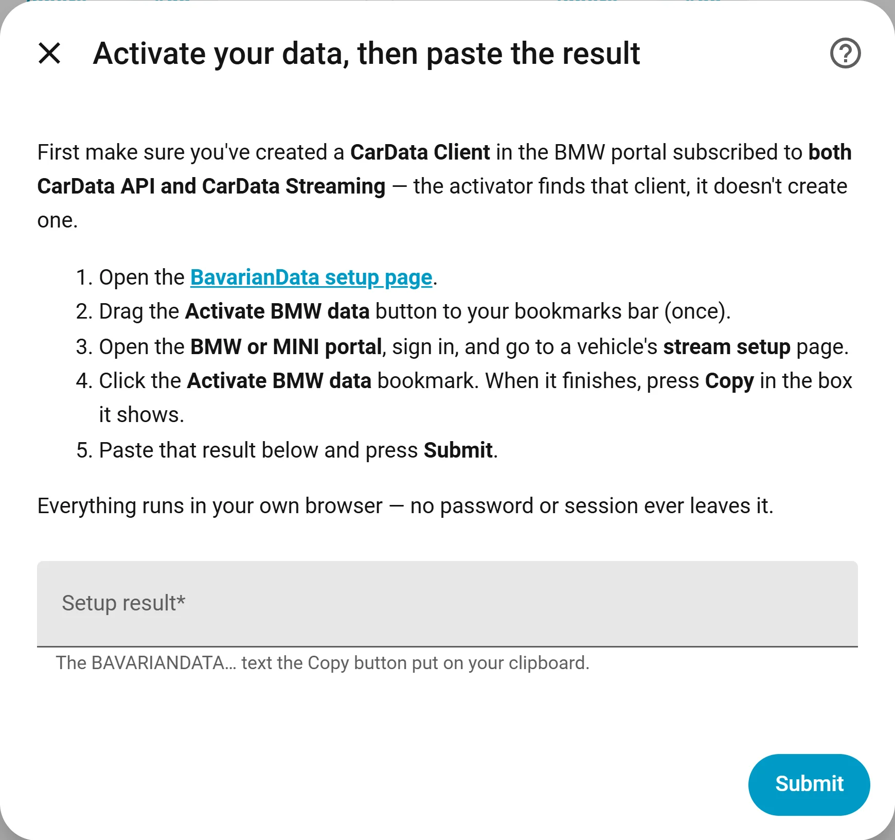 Guided activation screen: run the bookmarklet on the portal, then Home Assistant continues automatically or you paste the short result
