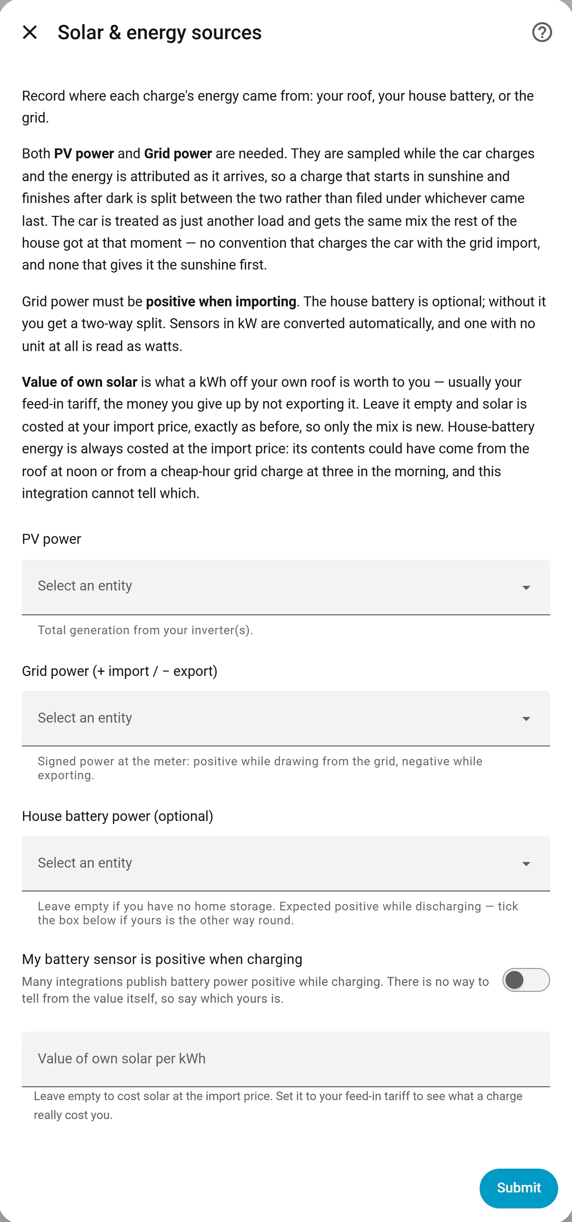 Solar and energy sources settings: PV power, grid power, optional house battery power, a switch for batteries that report positive while charging, and the value of your own solar per kWh