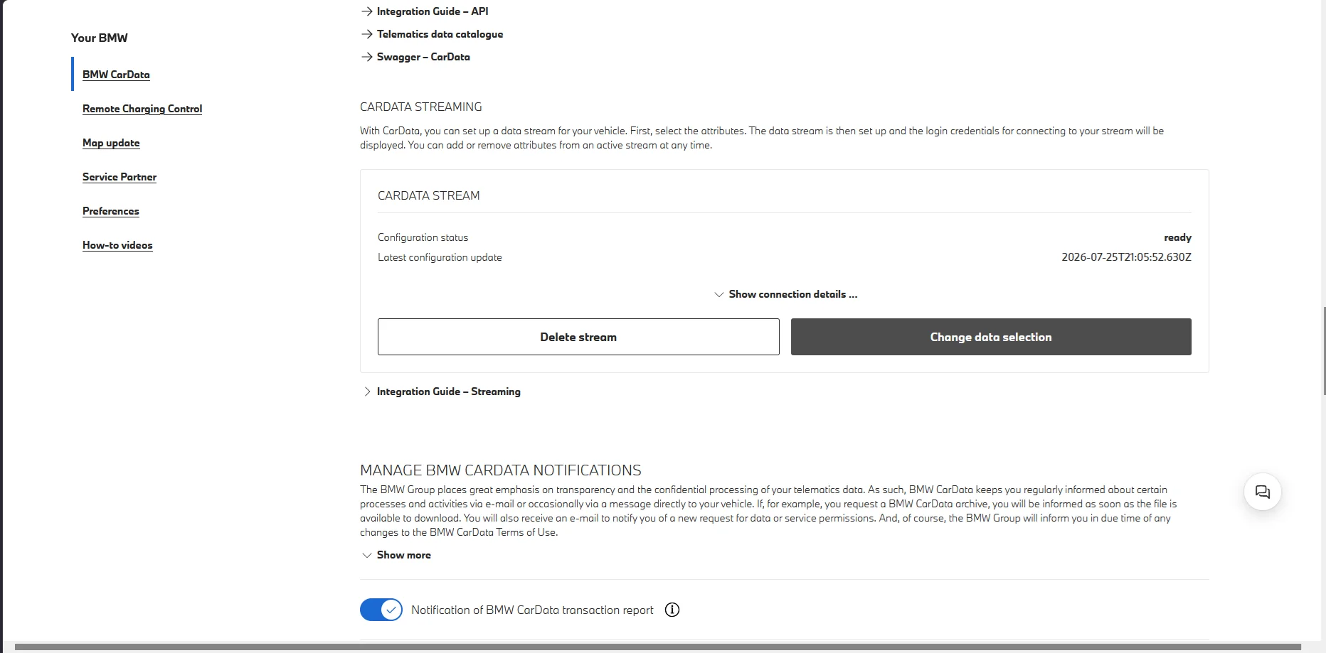 Bereich 'BMW CarData Stream' mit Konfigurationsstatus 'ready' und den Schaltflächen 'Delete stream' und 'Change data selection'