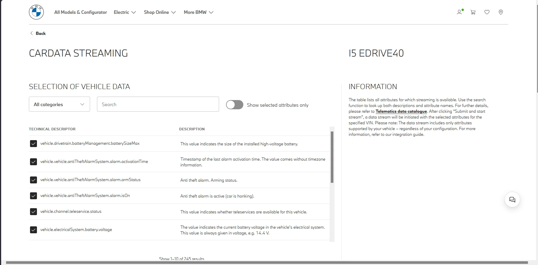 BMW CarData stream-setup page ('Selection of vehicle data') listing the streamable technical descriptors for an i5 eDrive40