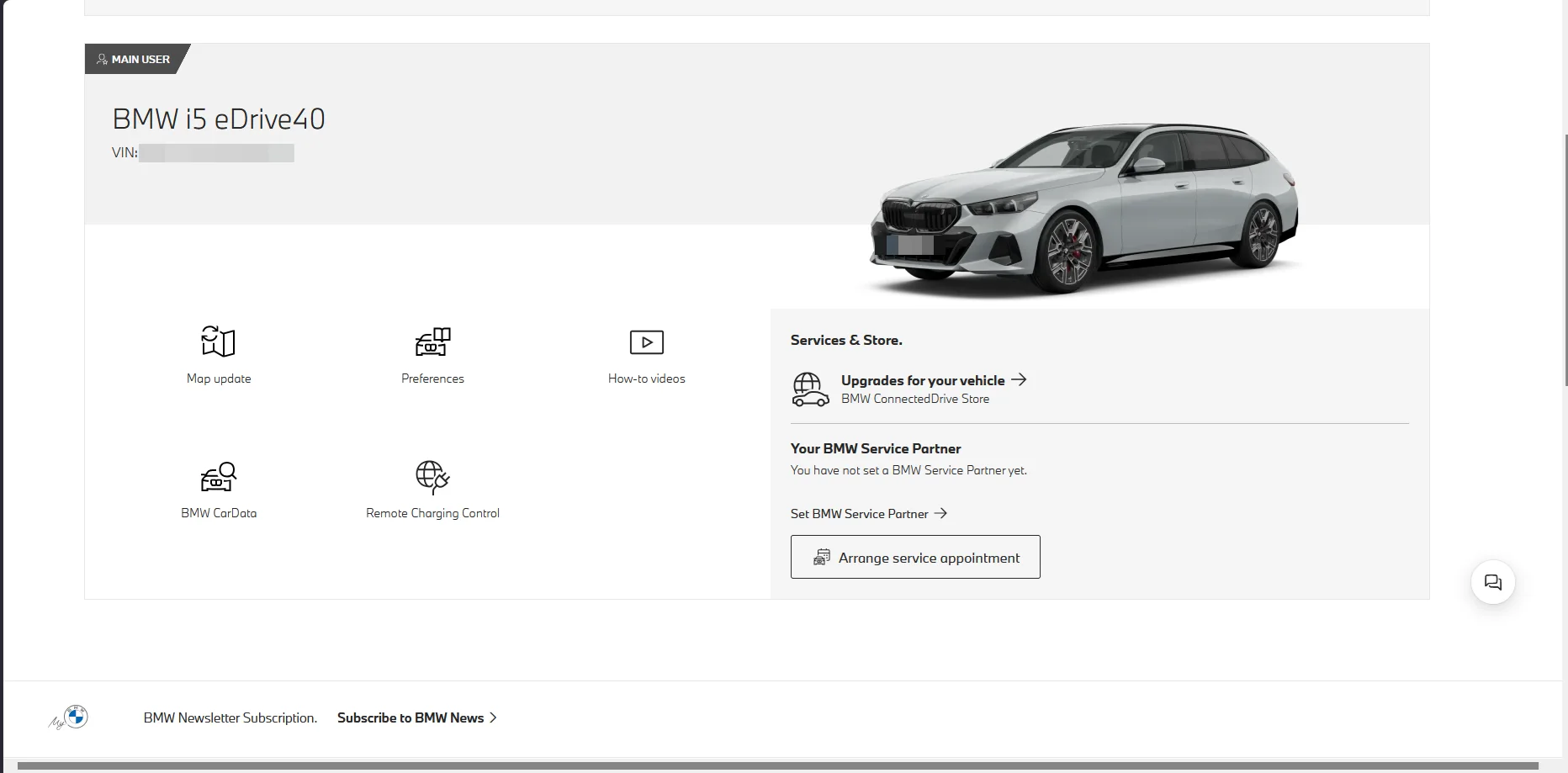 Vehicle overview page for a BMW i5 eDrive40 with the 'BMW CarData' tile among the vehicle tiles